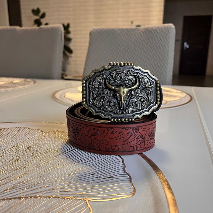 Pasek do spodni w stylu kowbojskim brązowy czarny złota klamra ciekawy unikalny y2k uniwersalny regulowany boho swag emo kowbojski texas western nowy