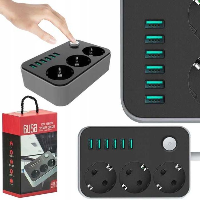 Przedłużacz listwa zasilająca 3 gniazda + 6 USB 4A