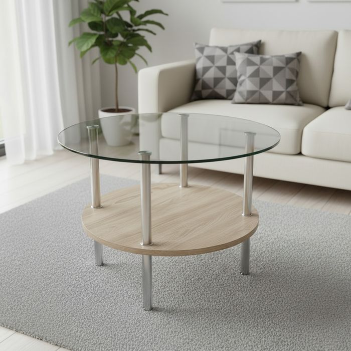 szklany stół jasne drewno 53 cm piaskowy połysk