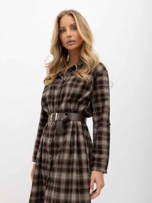 Sukienka koszulowa brązowa w kratę z paskiem 100% bawełna ITALY MODA