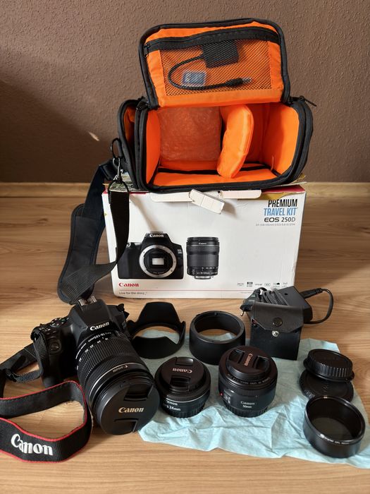 Aparat fotograficzny Canon EOS 250D + 3 Obiektywy (18-135 IS STM, 50mm, 24mm) + Torba i Dodatki!