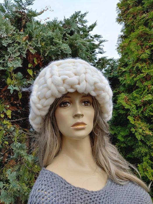 Czapka z grubej włóczki Wełna merynosa, kolosalna czapka