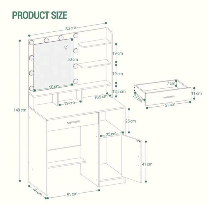 Penteadeira com espelho e 10 luzes LED,