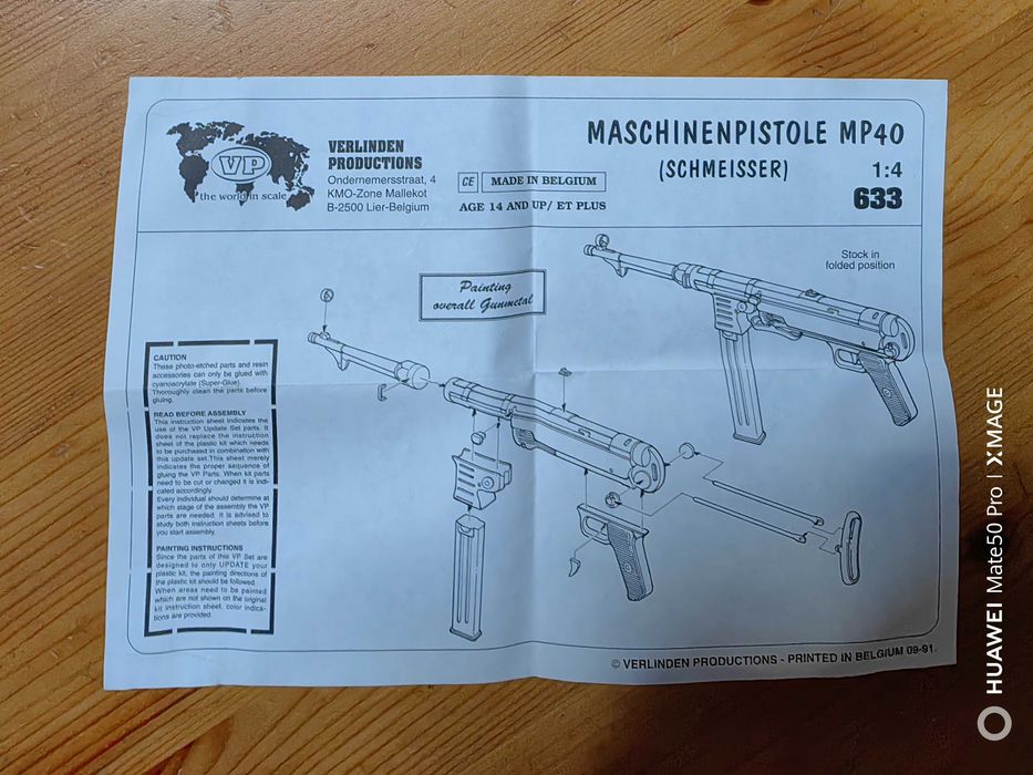 Maschinenpistole MP 40 (Schmeisser),  Verlinden, skala 1:4