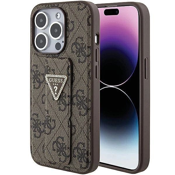 Etui Guess Grip Stand 4G Triangle Strass na iPhone 15 Pro - brązowe