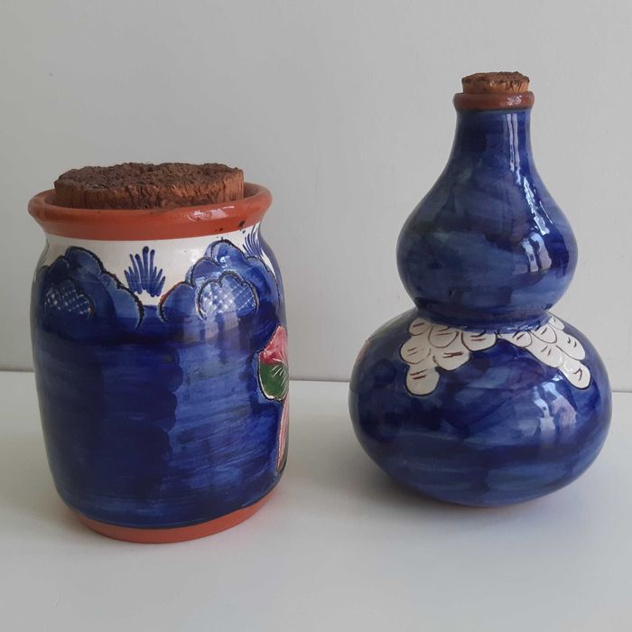 2 Peças Barro Artesanal Pintado á Mão Portugal Pote e Cabaça