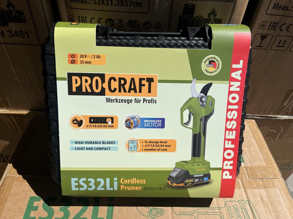 Секатор акумуляторний PROCRAFT ES32li/ 1АКБ та ЗП, ліхтар LL20, лезо/ різ 35 мм/ Гарантія 3 роки