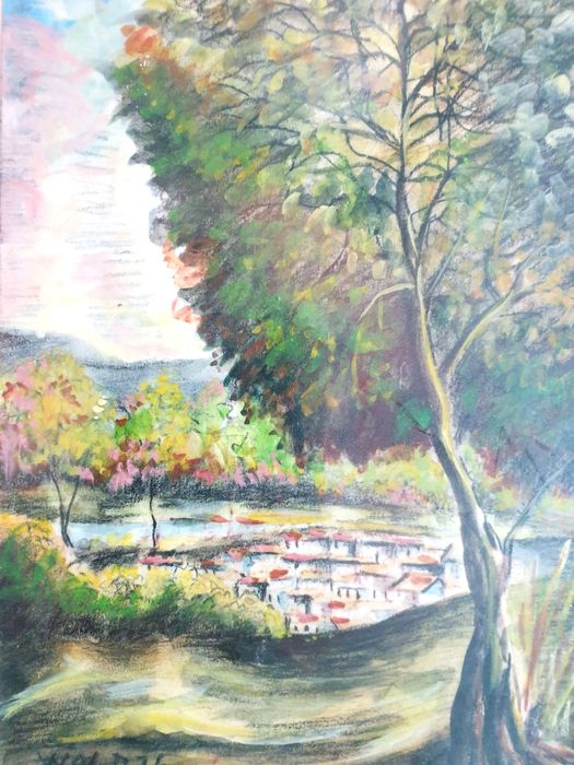 WALDEMAR: Aguarela paisagística "Aldeia escondida" assinada de 1976