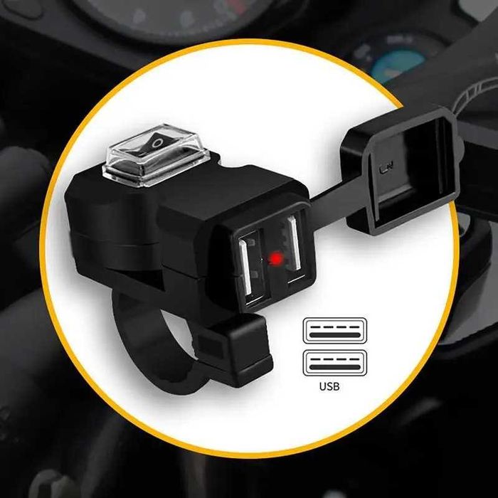 Carregador USB Duplo para Moto com Interruptor ON/OFF