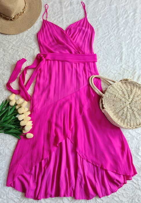 Różowa sukienka | 100% wiskoza | asymetryczna | kopertowa