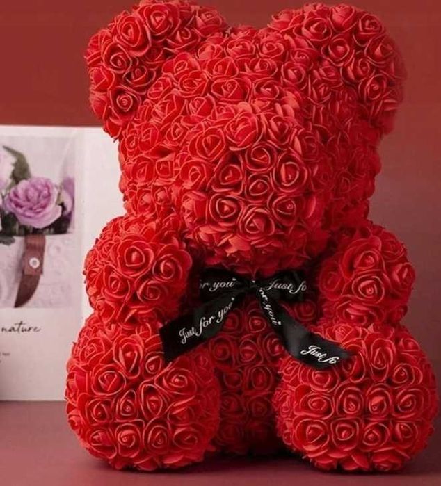 (Zestaw) Walentynki Prezent Miś z róź, Złoty Naszyjnik SERCE 925/585