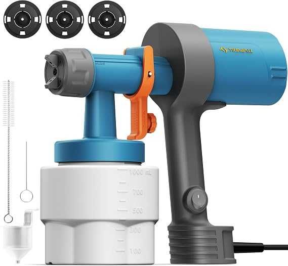 Tilswall Shark 600 Pistola Elétrica HVLP para Pintura com 3 Bicos 3 Padrões e Fluxo Regulável para Móveis Paredes e Vedações Novo