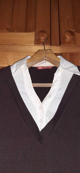 Sweter elegancki Miss Classic L brązowy z kołnierzem idealny do biura