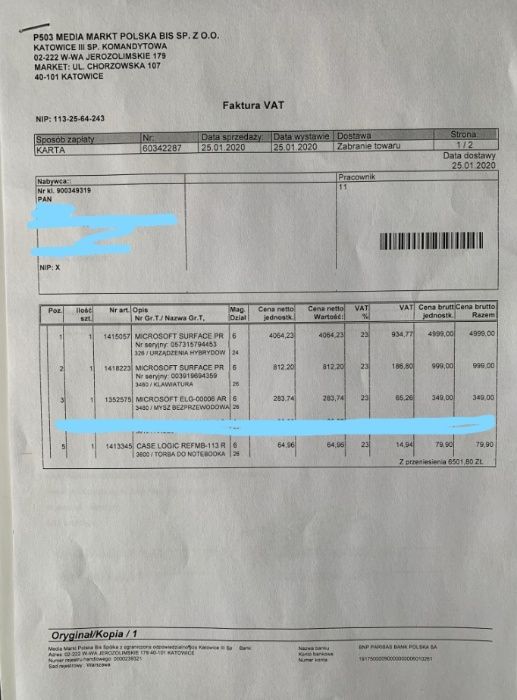 Microsoft Surface Pro X (SQ1, 8GB, 128GB) + Klawiatura + Mysz