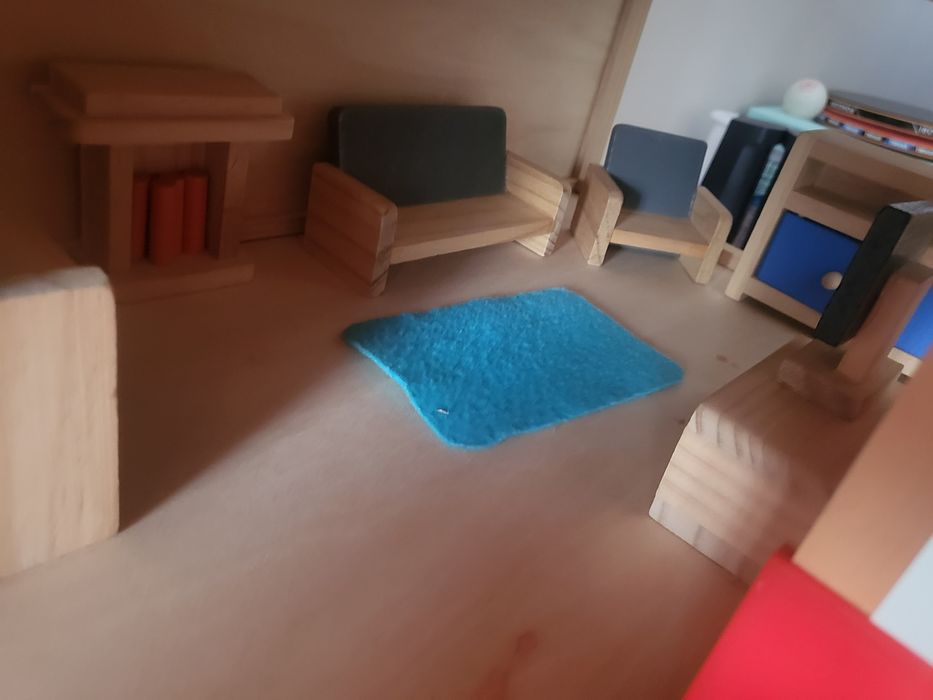 Drewniany domek duży zestaw mebelki dla lalek