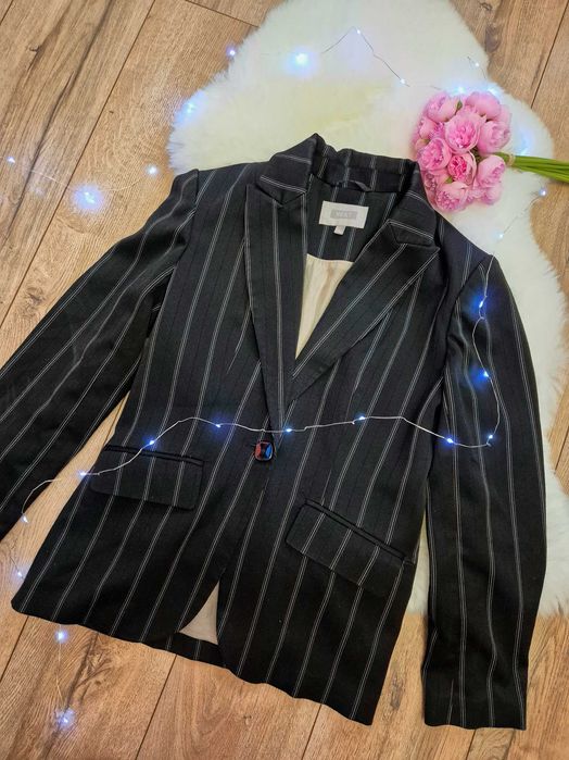 marynarka damska NEXT 12 42 XL czarna w białe paski żakiet elegancki
