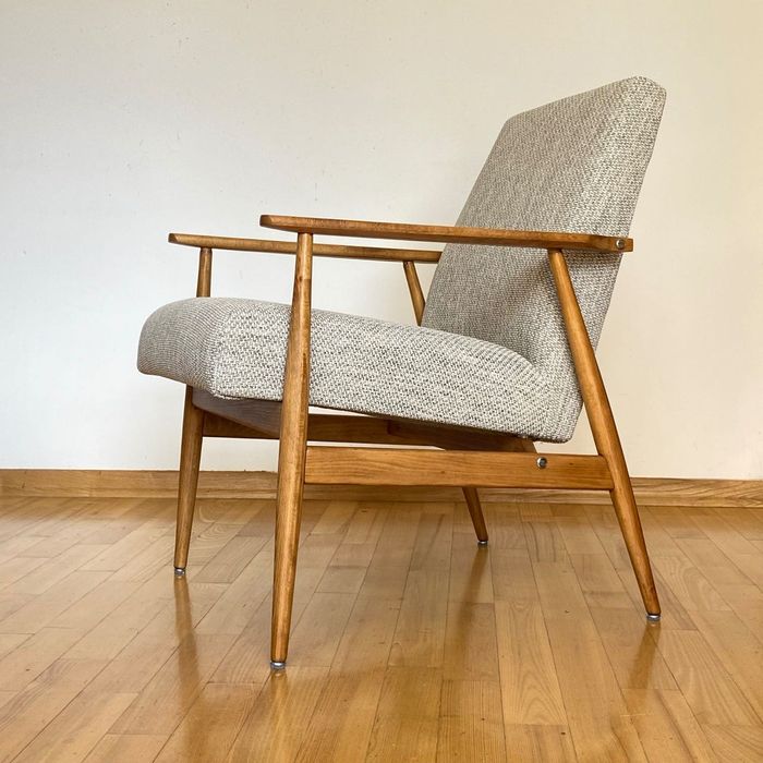 Fotel LISEK PRL klasyczny szary beżowy Jasny dąb pełna renowacja 16