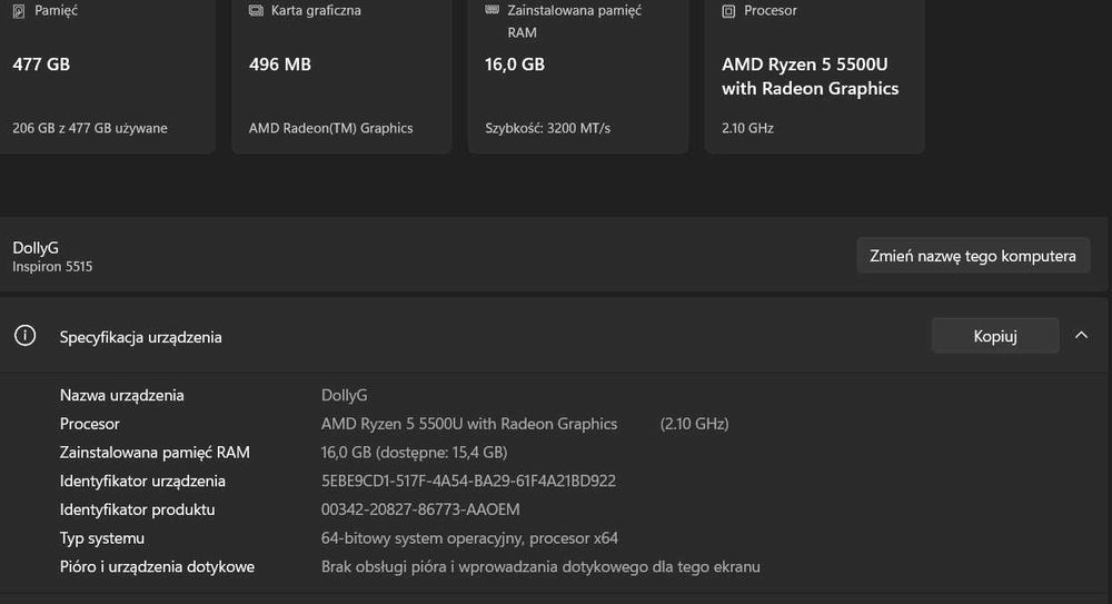 Dell Inspiron 15 5515 – Ryzen 5/16 GB RAM/512 SSD/Win11 –Stan Idealny!