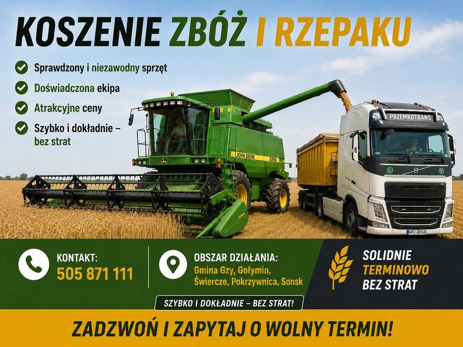Koszenie zbóż, rzepaku.