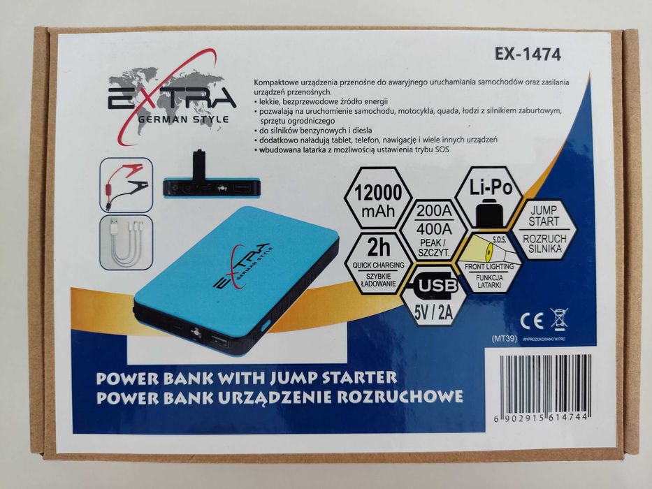 Urządzenie Rozruchowe  12000 mAh Powerbank 12V Starter Booster ZESTAW