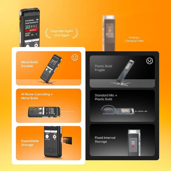 Цифровой диктофон ZIPCIDE 64 ГБ с AI шумоподавлением, 1536 Кбит/с, USB-C, запись лекций, встреч и интервью
