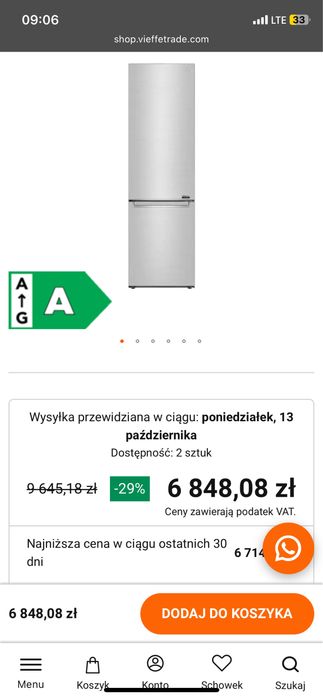 Nowa lodówka chłodziarko-zamkrażarka LG duża 2m