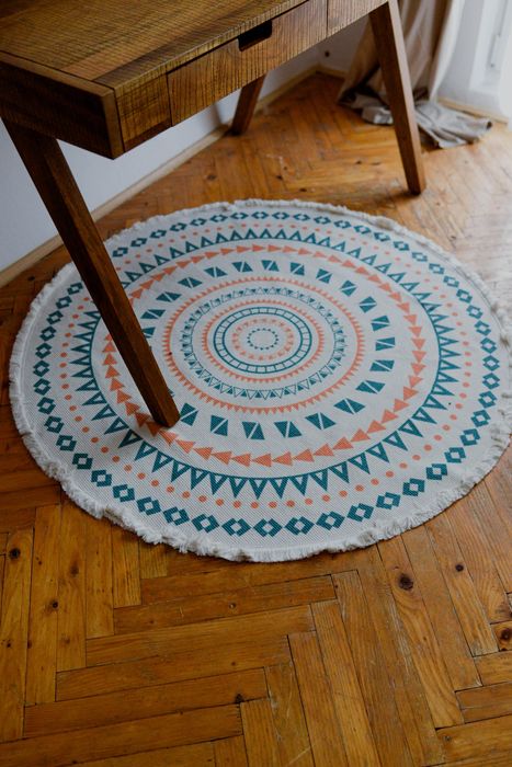 Dywan okrągły bawełniany 120 cm boho etno mandala frędzle turkusowy