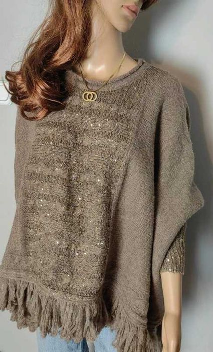 Sweter oversize ponczo brązowy brąz nowy frędzle narzuta ciepła