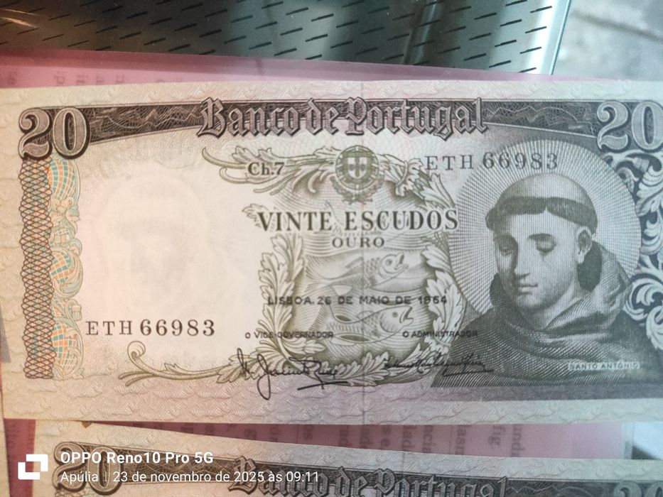 3 Notas de 20 Escudos 1954 – Novas UNC – Série Próxima