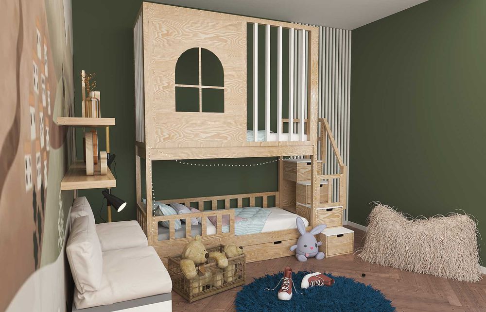 Łóżko piętrowe ze schodami i lamelami dla dzieci