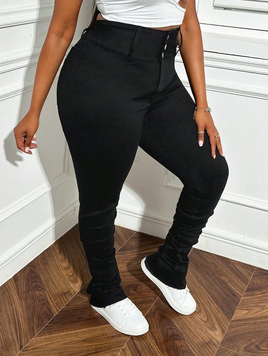 Jeansy Bootcut Z Surowym Wykończeniem Wysoki Stan Czarne 5Xl 50