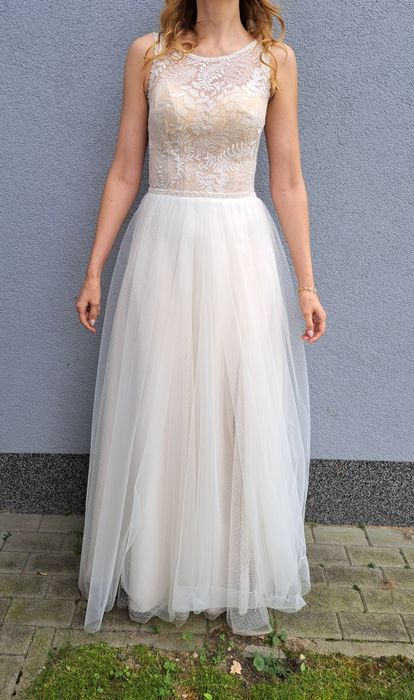 Suknia ślubna długa dla wysokiej panny młodej ecru roz 40/42