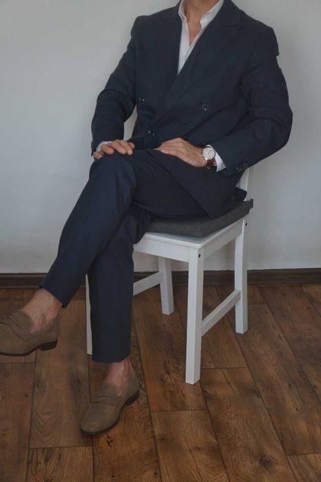 Reserved M Granatowy Garnitur Dwurzędowy Letni Len Bawełna Regular Fit Elegancki Styl