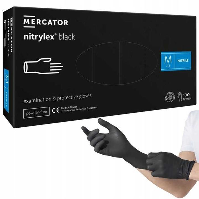 100sz Rękawiczki Rękawice Nitrylowe Bezpudrowe Medyczne Black Czarne M