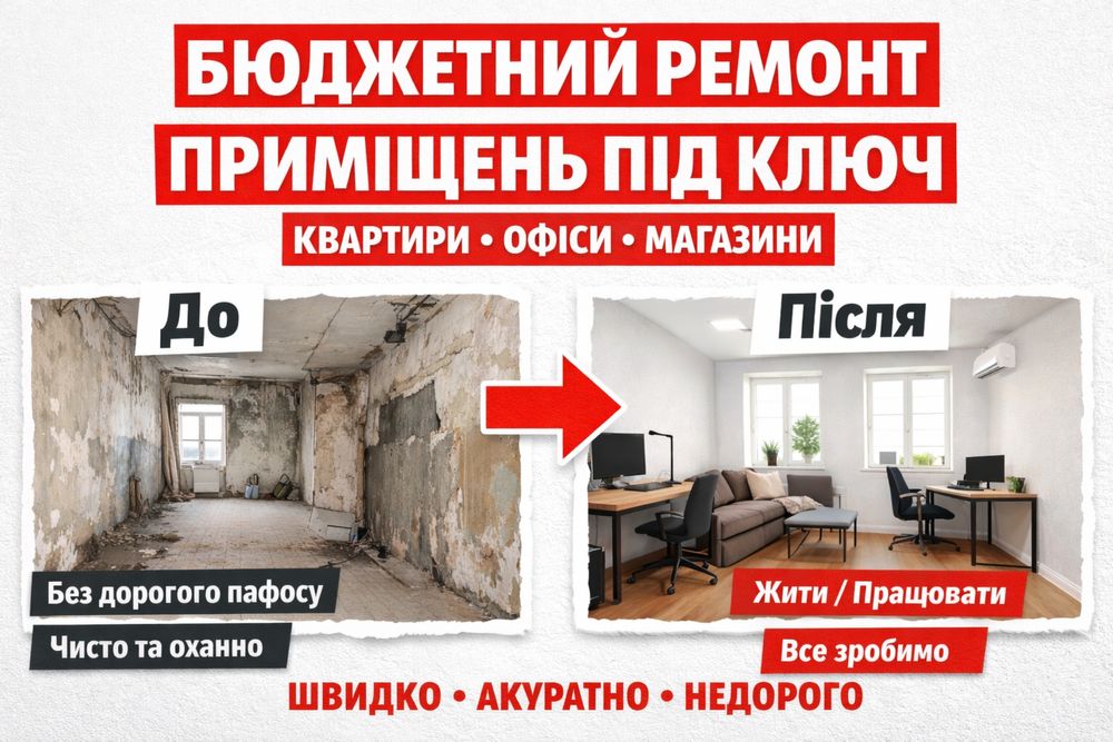 Бюджетний ремонт приміщень під ключ — квартири, офіси, магазини