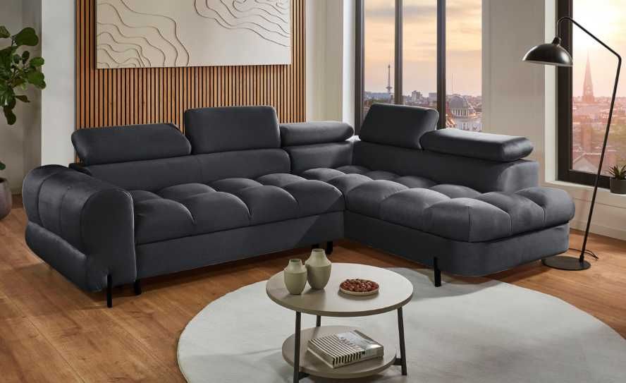Sofa narożna z regulowanymi zagłówkami oraz z funkcją spania