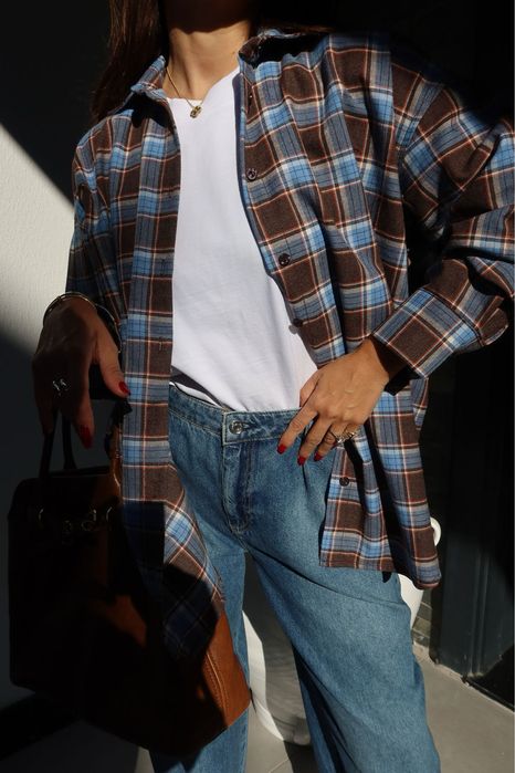 Трендова сорочка шоколад з синім в клітинку, картата сорочка коричнева