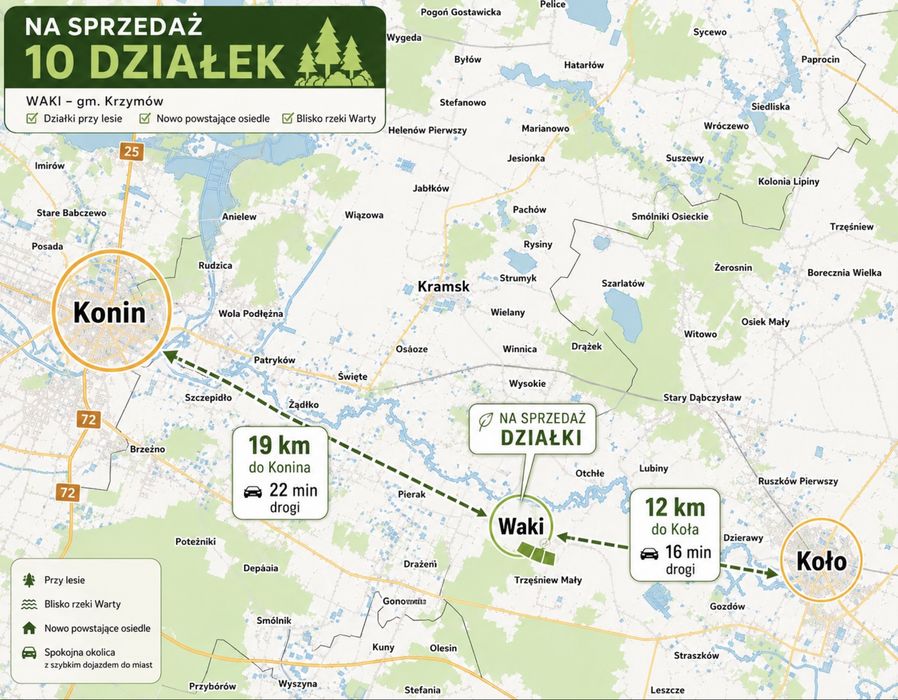 Na sprzedaż 10 działek budowlanych - Waki | Przy lesie | Blisko Warty
