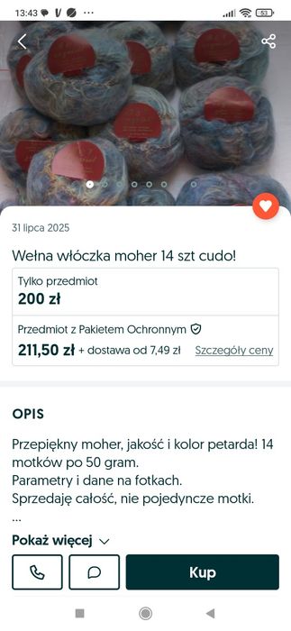 Nowy sweter chmurka ręcznie robiony 75% moher 21% wełna turkus melanż