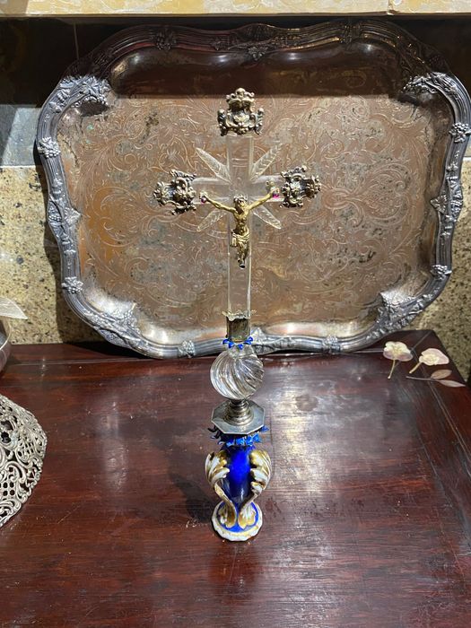 Crucifixo Cristal Cristo Ouro séc XVII 31 cm  Relicário Arte Sacra