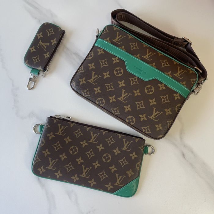 Louis Vuitton trio messenger сумка кожаная коричневая с зеленым