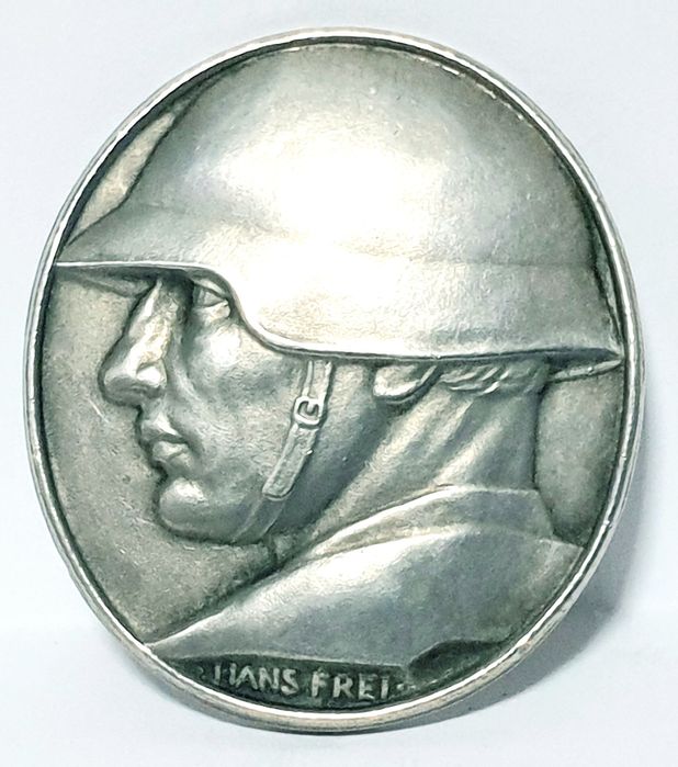 Antiga medalha / pin militar suíço de 1918 Hans Frei em prata  900