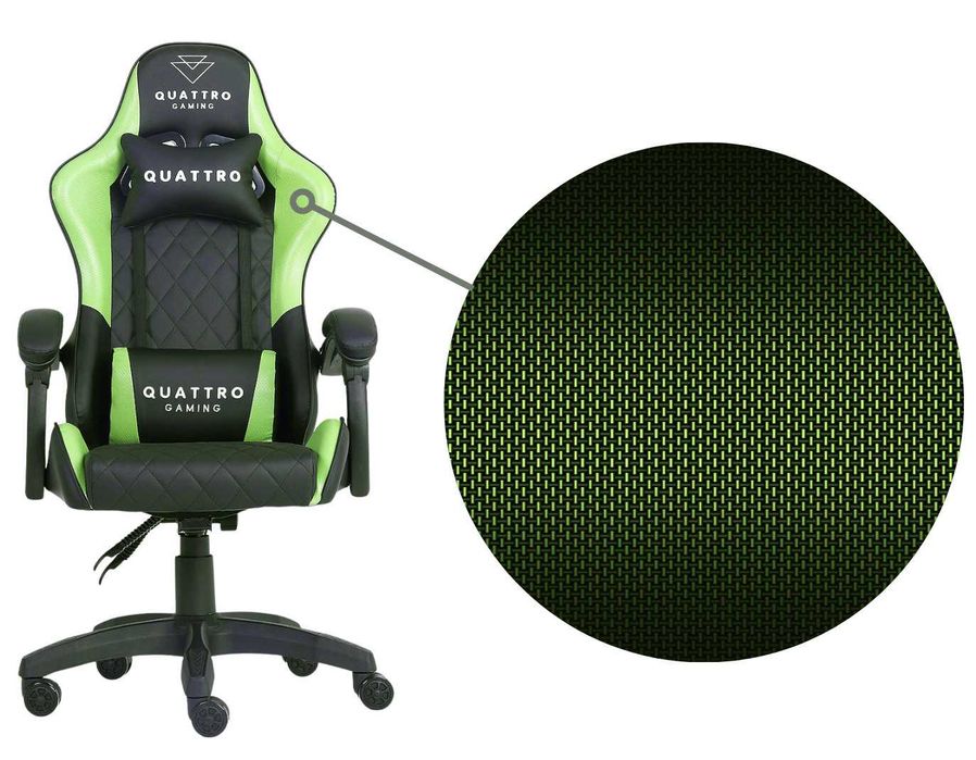 Fotel gamingowy Quattro Carbon – Wyrazista zieleń, wykończenie premium, wysuwany podnóżek i komfort klasy biznes do biura i domu.