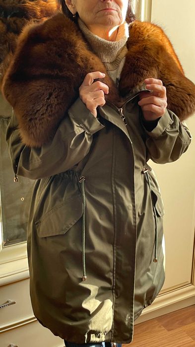 Парка женская с мехом чернобурки болотная, зима, Pelle Buone