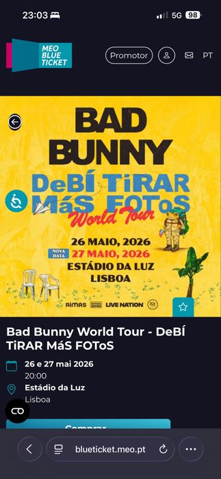 Bad Bunny - Concerto 26 de maio - Bilhete
