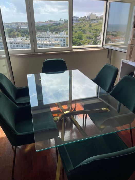 Mesa de jantar CORA Dourado 160 cm 90 cm Vidro de segurança (temperado) + conjunto de 6 cadeiras