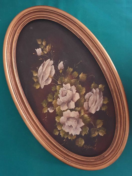 A. Nor. Linda Pintura Floral original, a óleo, oval, anos 70 - 62x37cm