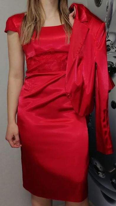 Жіночий костюм двійка. Атлас. Сукня+жакет. Костюм женский 42 - 44