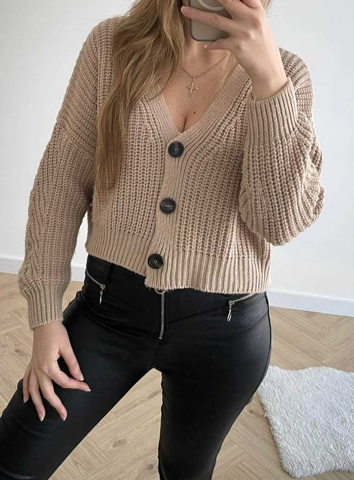 Reserved 36 s m oversized sweter beżowy kardigan na guziki
