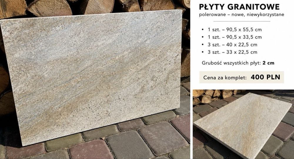 Płyty granitowe polerowane 2 cm – komplet 8 szt. – nowe
